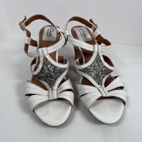Clarks Bendables White Leather Sandals Wedge Cork Heel Open Toe Womens 9 - Picture 1 of 12
